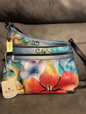 Anuschka Hand-Painted Floral Leather Shoulder Bag in Blue, Red, Green, Yellow